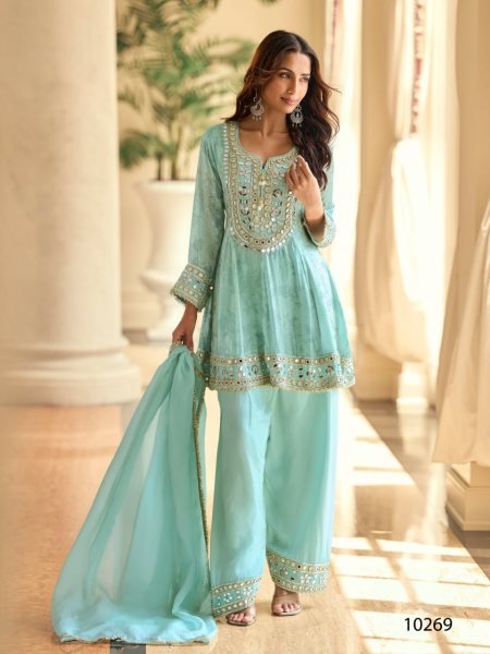 Splendid Sky Blue Tora Silk Palazzo Suit with Mirror Embroidery Work Full Set Salwar Kameez
