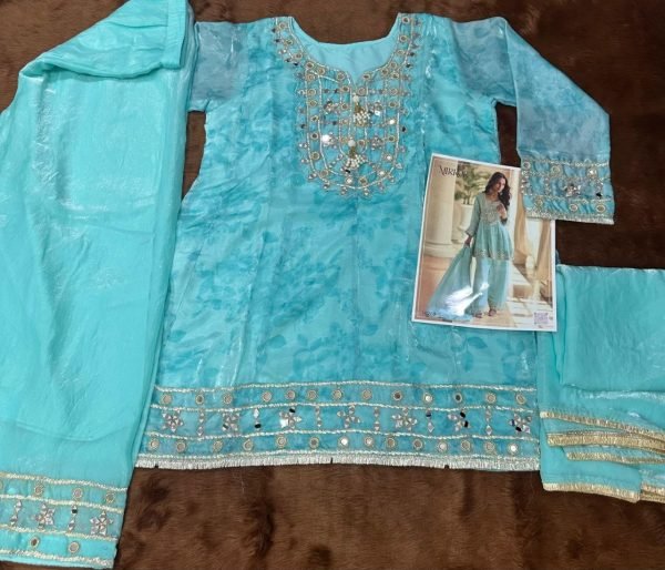 Splendid Sky Blue Tora Silk Palazzo Suit with Mirror Embroidery Work Full Set Salwar Kameez