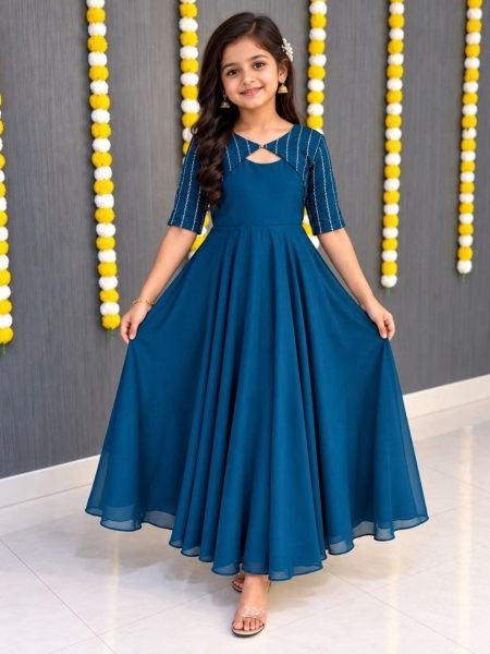 Splendid Teal Blue Kids Vichithra Silk Gown Set with Heavy Beads Embroidery Kurtis
