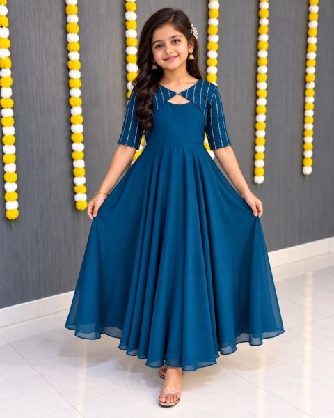 Splendid Teal Blue Kids Vichithra Silk Gown Set with Heavy Beads Embroidery Girls Wear