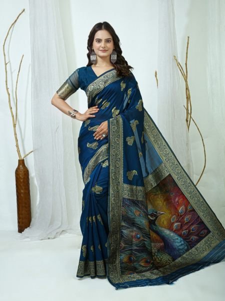 Splendid Teal Blue Soft Lichi Silk Saree with Jacquard Weaving and Designer Blouse 