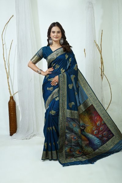 Splendid Teal Blue Soft Lichi Silk Saree with Jacquard Weaving and Designer Blouse Silk Sarees Wholesale
