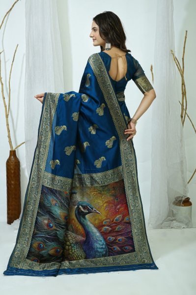 Splendid Teal Blue Soft Lichi Silk Saree with Jacquard Weaving and Designer Blouse Silk Sarees Wholesale
