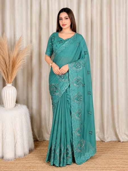 Splendid Teal Green Star Georgette Saree with Matching Beads Unstitch Blouse at Wholesale Rate Georgette Sarees Wholesale