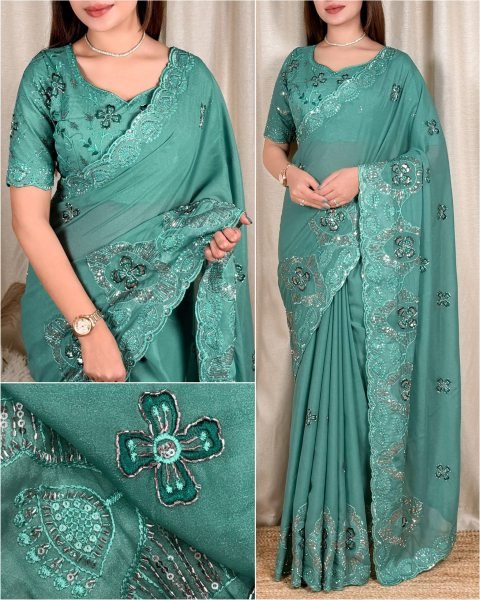 Splendid Teal Green Star Georgette Saree with Matching Beads Unstitch Blouse at Wholesale Rate Georgette Sarees Wholesale