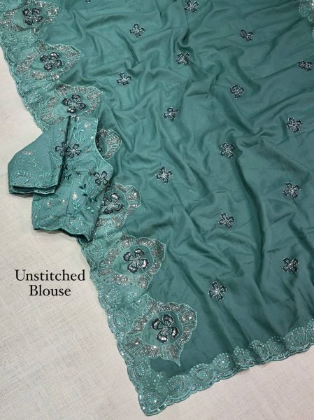 Splendid Teal Green Star Georgette Saree with Matching Beads Unstitch Blouse at Wholesale Rate Georgette Sarees Wholesale