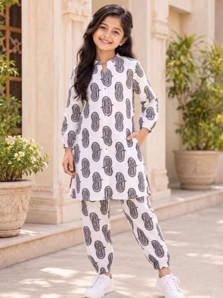 Splendid White Kids Everyday Wear Cotton Printed Top Bottom Set at Royal Export Manufacturer  Kurtis