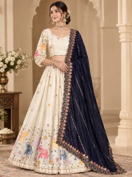 Splendid White Pure Tissue Silk Lehenga Choli with Heavy Thread and Sequin Work 