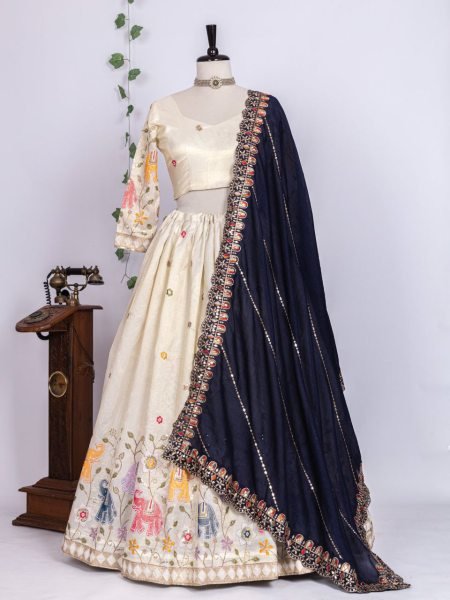 Splendid White Pure Tissue Silk Lehenga Choli with Heavy Thread and Sequin Work Designer Lehenga Choli
