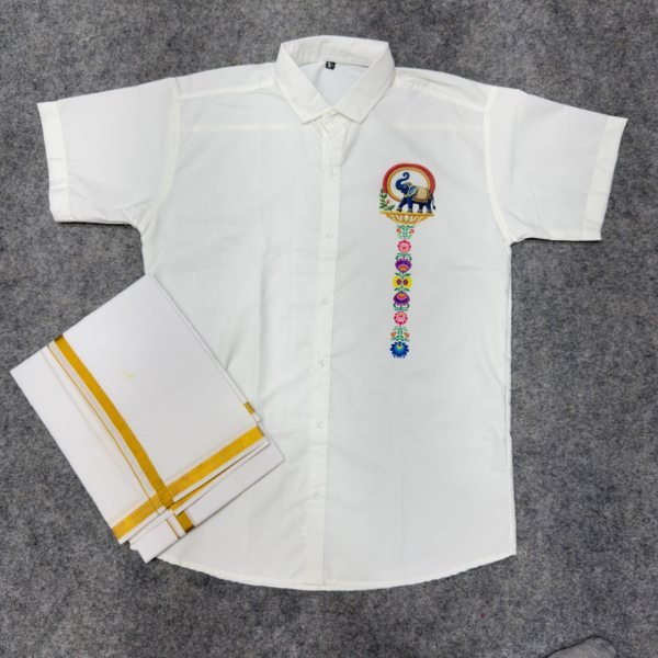 Splendid White Soft Cotton Shirt with Designer Flower Print and Dhoti Mens Shirt