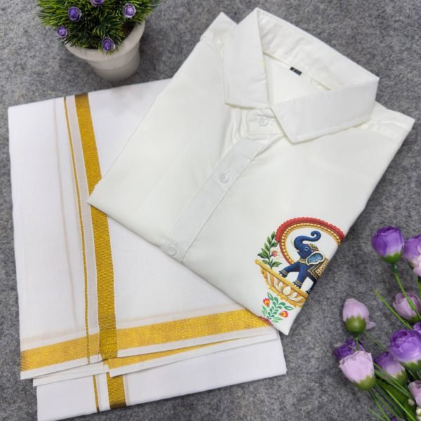Splendid White Soft Cotton Shirt with Designer Flower Print and Dhoti Mens Shirt