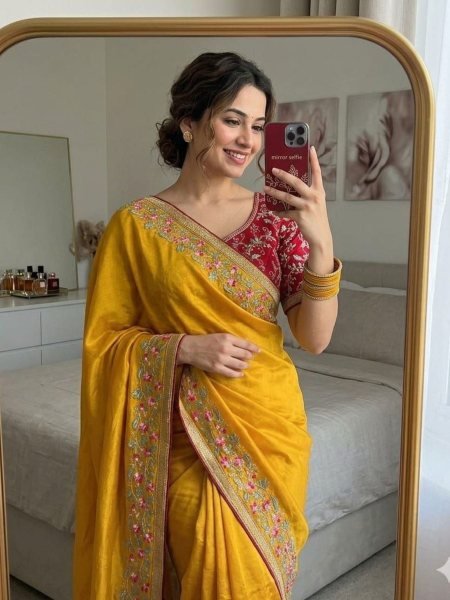 Splendid Yellow Embroidered Saree With Blouse for Festive and Party Collection Sarees 