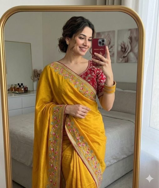 Splendid Yellow Embroidered Saree With Blouse for Festive and Party Collection Silk Sarees Wholesale