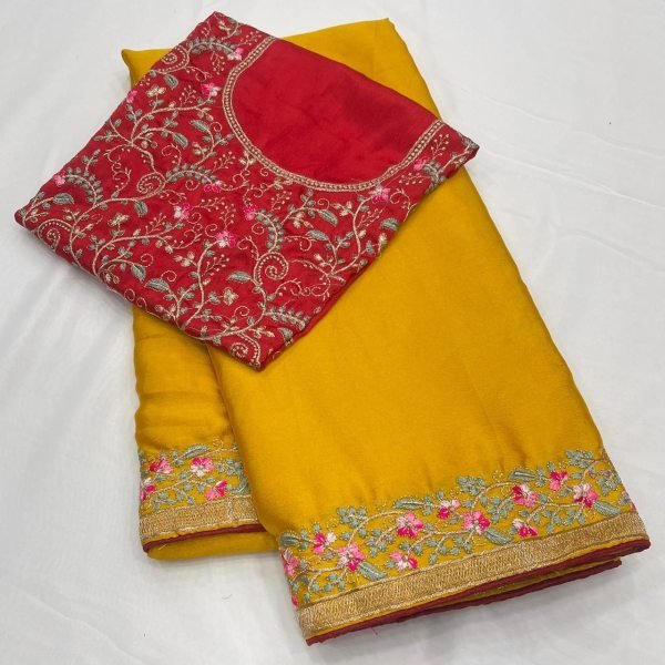 Splendid Yellow Embroidered Saree With Blouse for Festive and Party Collection Silk Sarees Wholesale