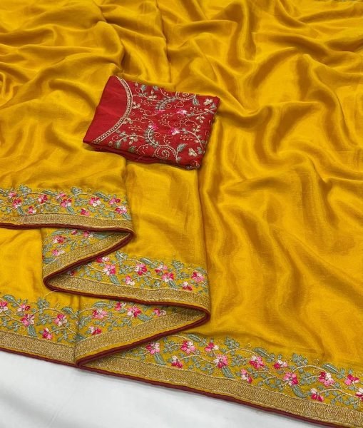 Splendid Yellow Embroidered Saree With Blouse for Festive and Party Collection Silk Sarees Wholesale