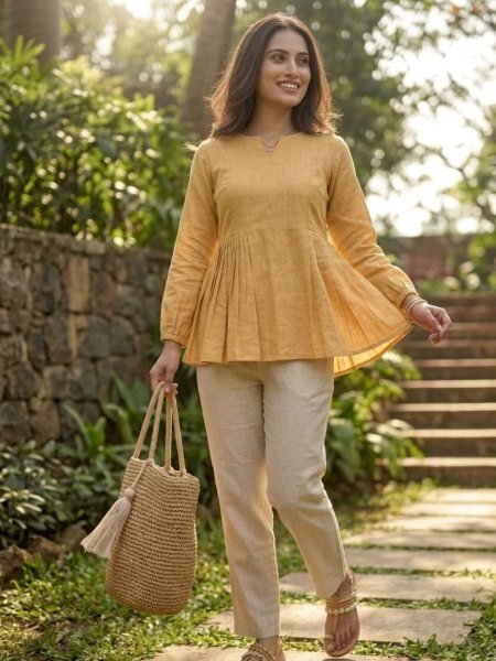 Splendid Yellow Summer Special Cotton Linen Co Ord Set for Daily Use Kurtis