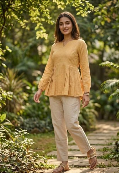 Splendid Yellow Summer Special Cotton Linen Co Ord Set for Daily Use Tunics kurti