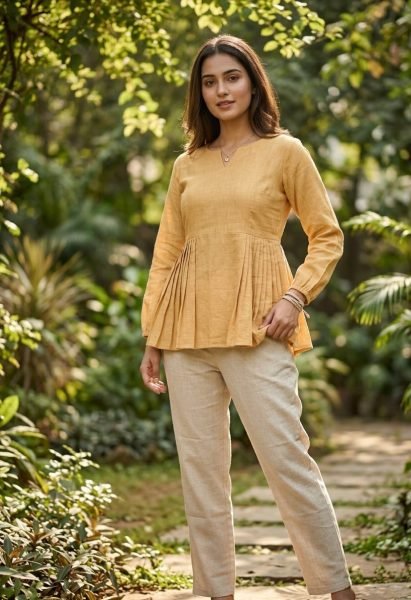 Splendid Yellow Summer Special Cotton Linen Co Ord Set for Daily Use Tunics kurti