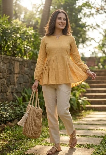 Splendid Yellow Summer Special Cotton Linen Co Ord Set for Daily Use Tunics kurti