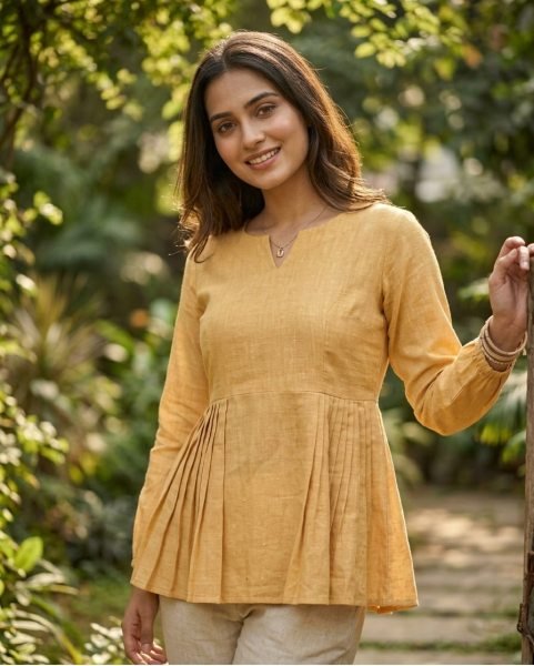 Splendid Yellow Summer Special Cotton Linen Co Ord Set for Daily Use Tunics kurti