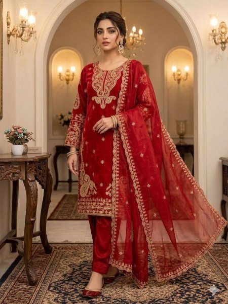 Spotlight Look Deep Red Glass Roman Cording Embroidered Top Plazzo Set with Dupatta 