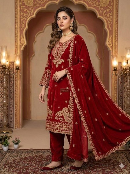 Spotlight Look Deep Red Glass Roman Cording Embroidered Top Plazzo Set with Dupatta Ready To Wear Collection