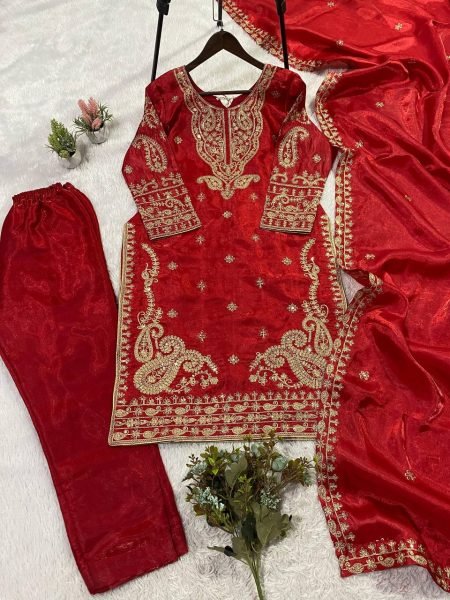 Spotlight Look Deep Red Glass Roman Cording Embroidered Top Plazzo Set with Dupatta Ready To Wear Collection
