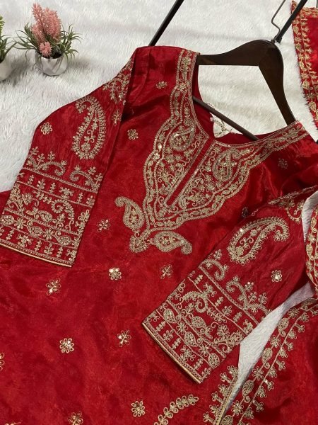 Spotlight Look Deep Red Glass Roman Cording Embroidered Top Plazzo Set with Dupatta Ready To Wear Collection