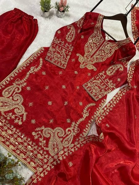 Spotlight Look Deep Red Glass Roman Cording Embroidered Top Plazzo Set with Dupatta Ready To Wear Collection