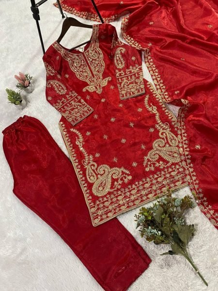 Spotlight Look Deep Red Glass Roman Cording Embroidered Top Plazzo Set with Dupatta Ready To Wear Collection