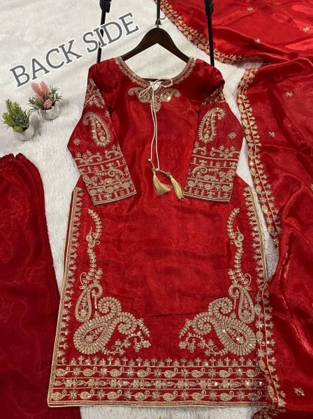 Spotlight Look Deep Red Glass Roman Cording Embroidered Top Plazzo Set with Dupatta Ready To Wear Collection