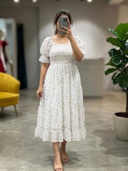 Square Neck Smocked Chiffon Dress 