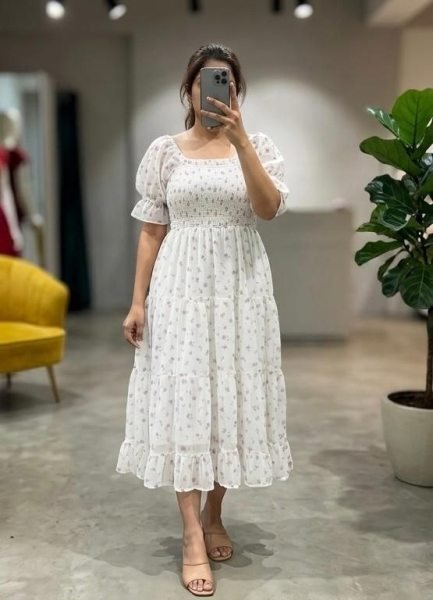 Charming White Square Neck Smocked Chiffon Dress For Summer Wear Western Ladies Top Wholesale