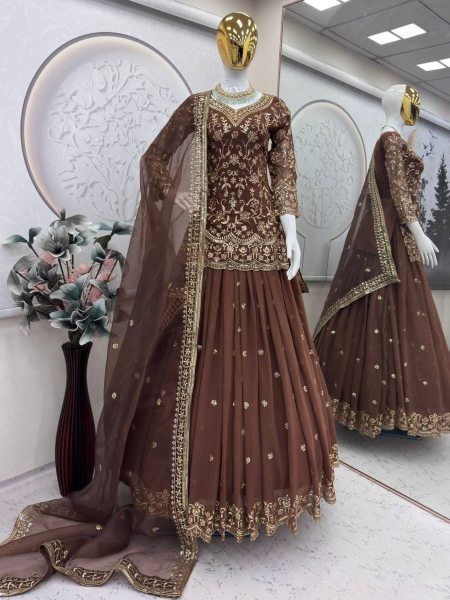 Standout Finish Chocolate Brown Georgette Embroidered Top Sequins Work Lehenga Set with Organza Dupatta Ready To Wear Suit