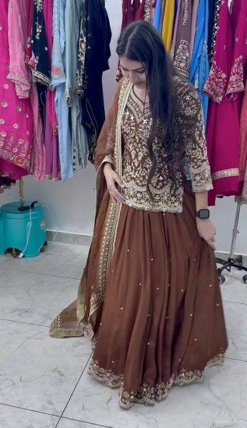 Standout Finish Chocolate Brown Georgette Embroidered Top Sequins Work Lehenga Set with Organza Dupatta Ready To Wear Collection
