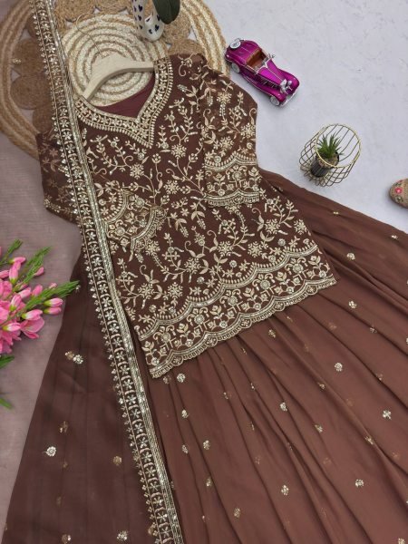 Standout Finish Chocolate Brown Georgette Embroidered Top Sequins Work Lehenga Set with Organza Dupatta Ready To Wear Collection
