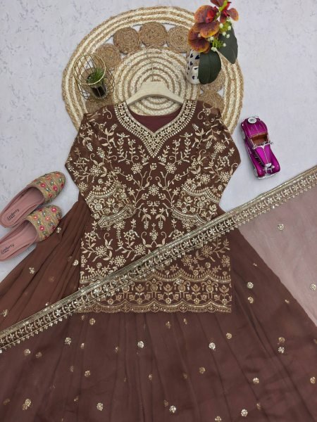 Standout Finish Chocolate Brown Georgette Embroidered Top Sequins Work Lehenga Set with Organza Dupatta Ready To Wear Collection