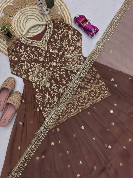 Standout Finish Chocolate Brown Georgette Embroidered Top Sequins Work Lehenga Set with Organza Dupatta Ready To Wear Collection