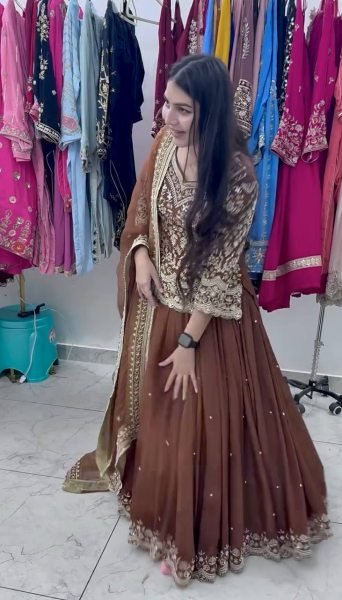 Standout Finish Chocolate Brown Georgette Embroidered Top Sequins Work Lehenga Set with Organza Dupatta Ready To Wear Collection