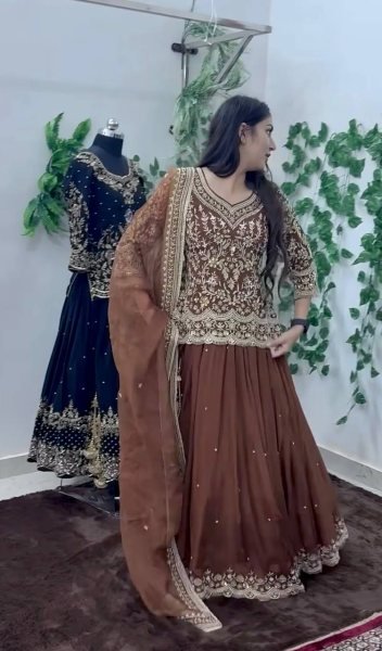Standout Finish Chocolate Brown Georgette Embroidered Top Sequins Work Lehenga Set with Organza Dupatta Ready To Wear Collection