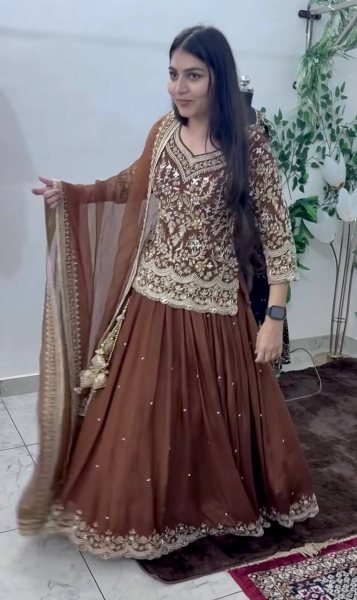Standout Finish Chocolate Brown Georgette Embroidered Top Sequins Work Lehenga Set with Organza Dupatta Ready To Wear Collection