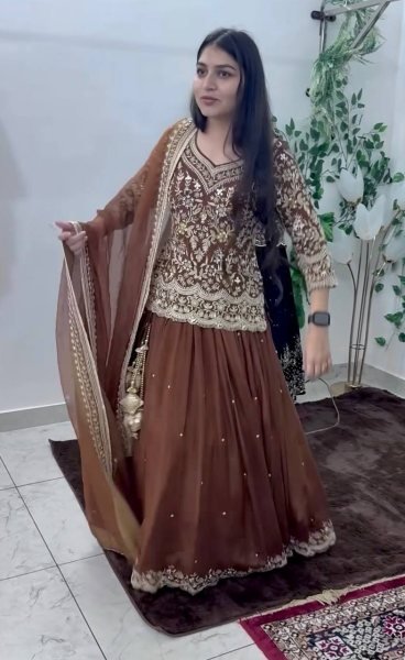 Standout Finish Chocolate Brown Georgette Embroidered Top Sequins Work Lehenga Set with Organza Dupatta Ready To Wear Collection