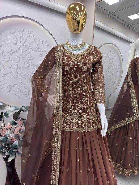Standout Finish Chocolate Brown Georgette Embroidered Top Sequins Work Lehenga Set with Organza Dupatta Ready To Wear Collection