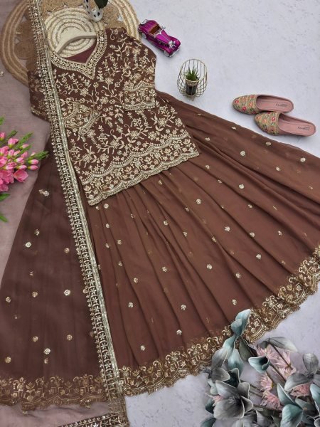 Standout Finish Chocolate Brown Georgette Embroidered Top Sequins Work Lehenga Set with Organza Dupatta Ready To Wear Collection