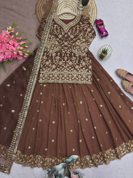 Standout Finish Chocolate Brown Georgette Embroidered Top Sequins Work Lehenga Set with Organza Dupatta Ready To Wear Collection