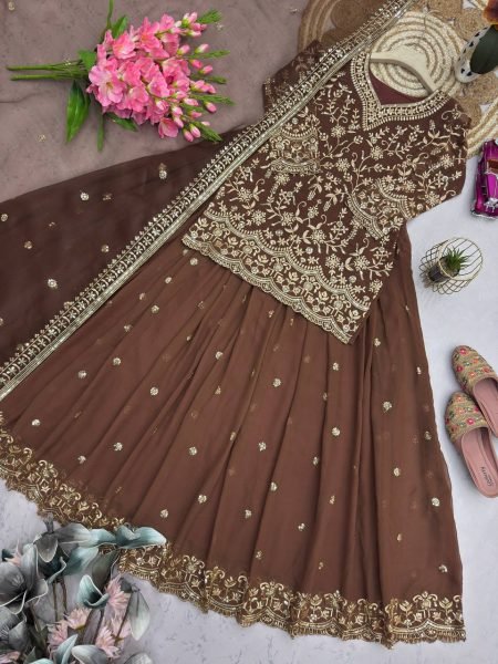Standout Finish Chocolate Brown Georgette Embroidered Top Sequins Work Lehenga Set with Organza Dupatta Ready To Wear Collection