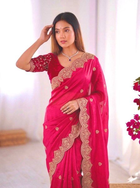 Star Red Georgette Saree with Elegant All Over Thread Embroidery Embroidery Sarees Wholesale