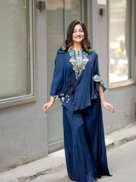 Statement Navy Blue Air Tex Chinon Indo Western Outfit for Festive Glam Ready To Wear Suit