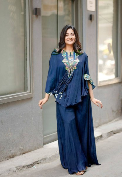 Statement Navy Blue Air Tex Chinon Indo Western Outfit for Festive Glam Ready To Wear Collection