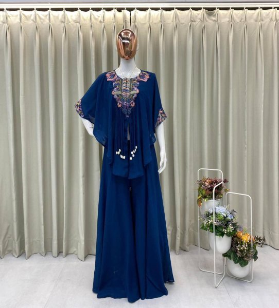Statement Navy Blue Air Tex Chinon Indo Western Outfit for Festive Glam Ready To Wear Collection
